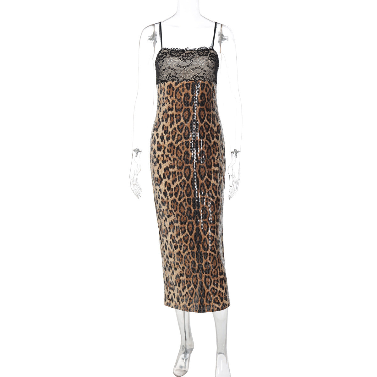 Fashion Lace Patchwork Slit Bandeau Sling Leopard Print Dress