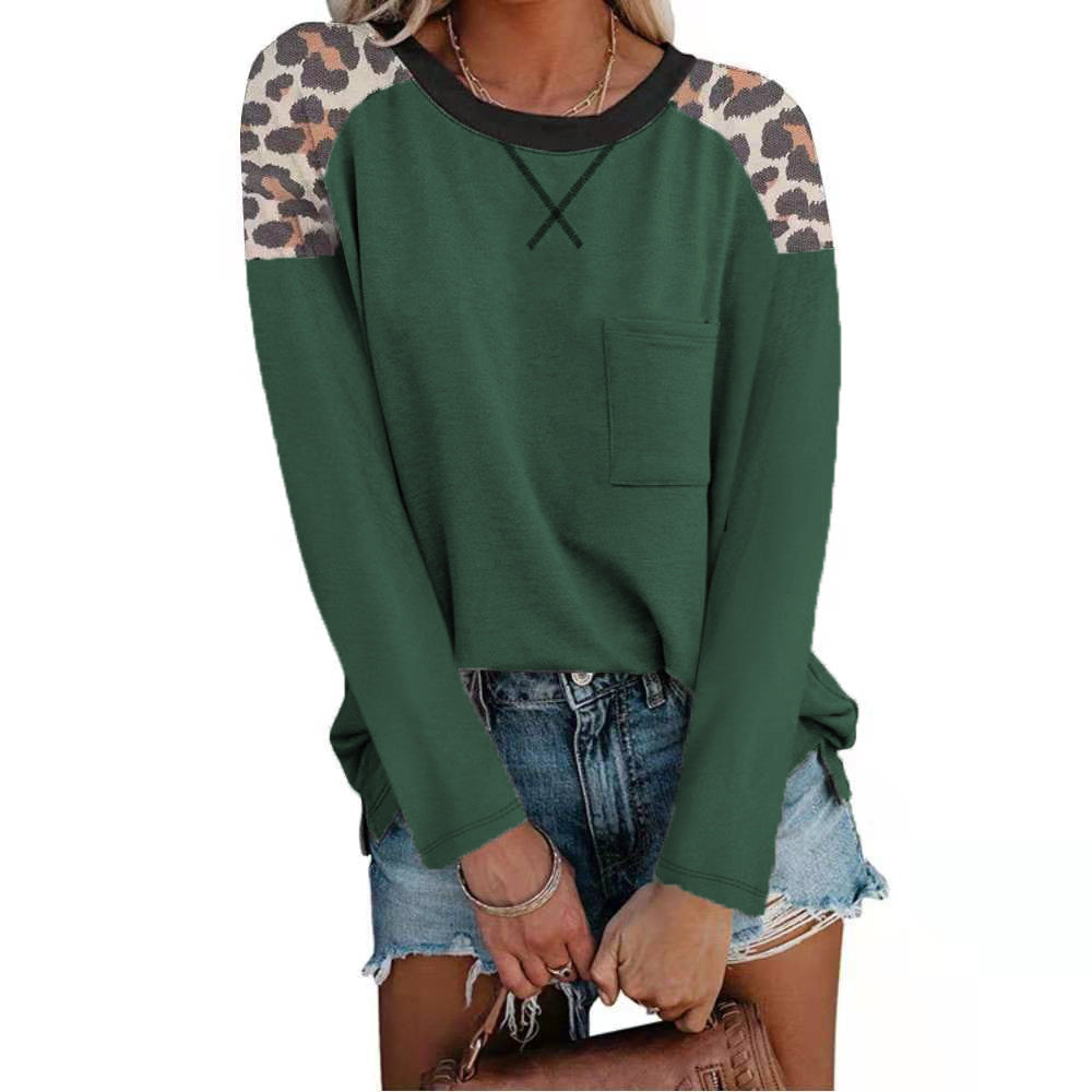 Autumn And Winter New Round Neck Leopard Print Stitching Pocket T-shirt Long Sleeves
