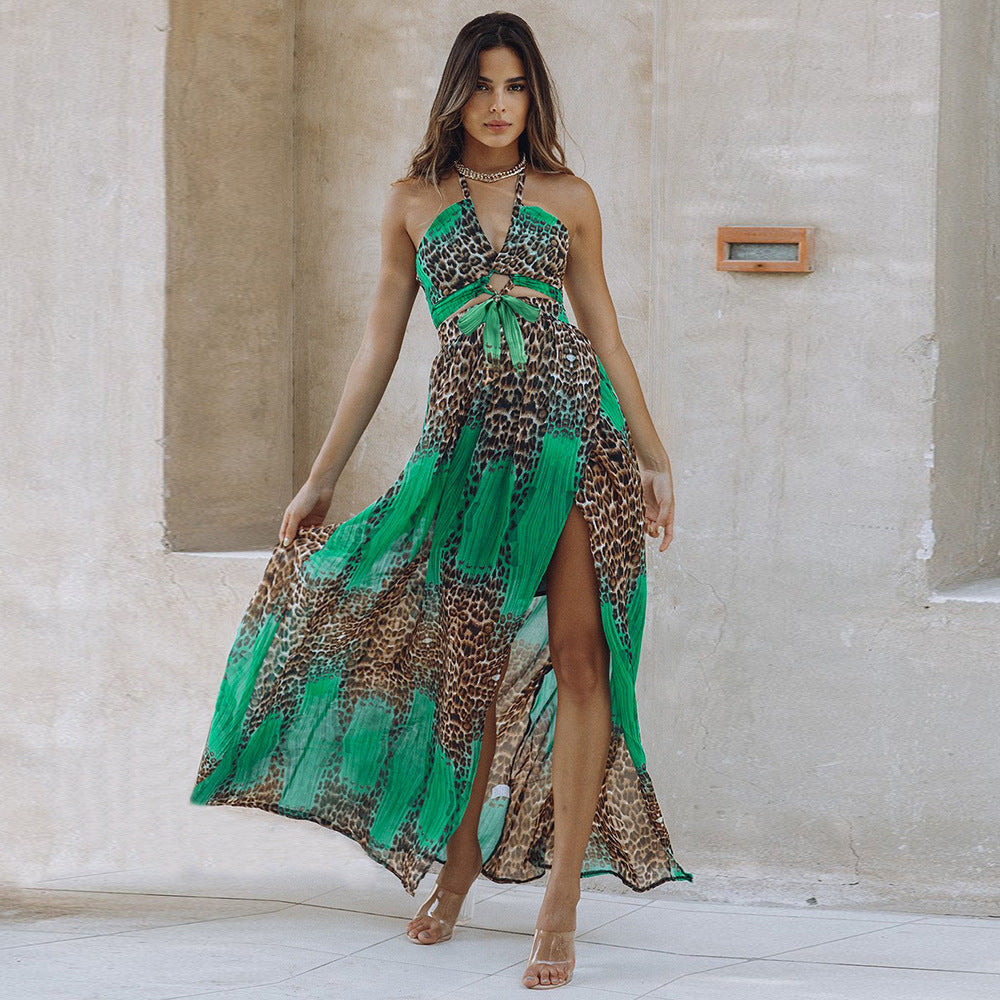 Leopard Print Rückenfreies Kleid Bohemian Frauen