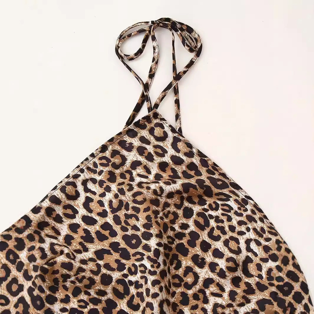 Damen Leopard Print Halter Seidensatin Kleid