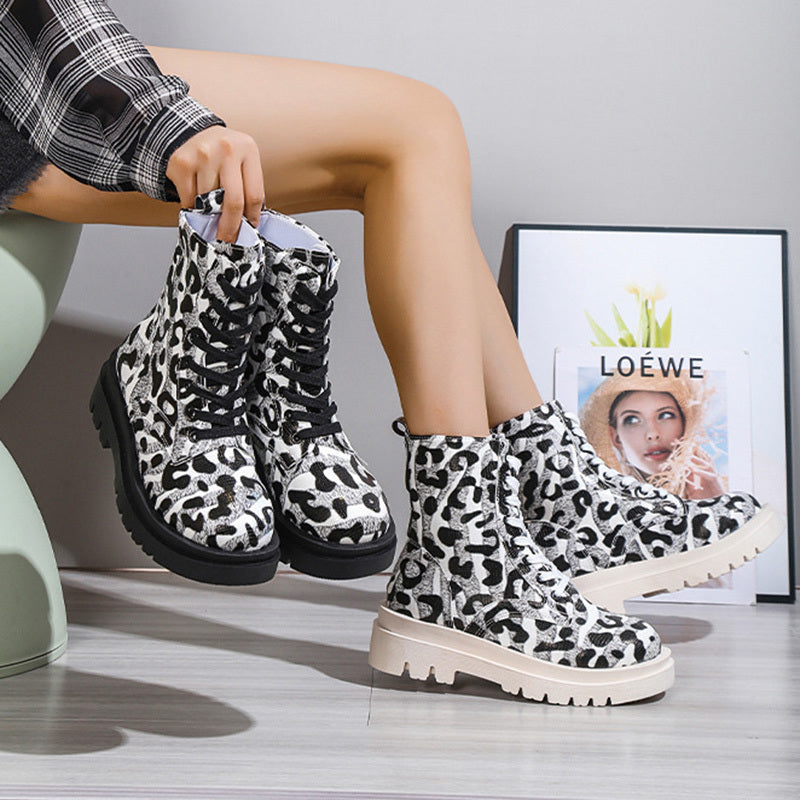 Frauen Martin Stiefel Schwarz Weiß Leopard Print Niedrig Heel Schuhe Cowgirl Stiefel
