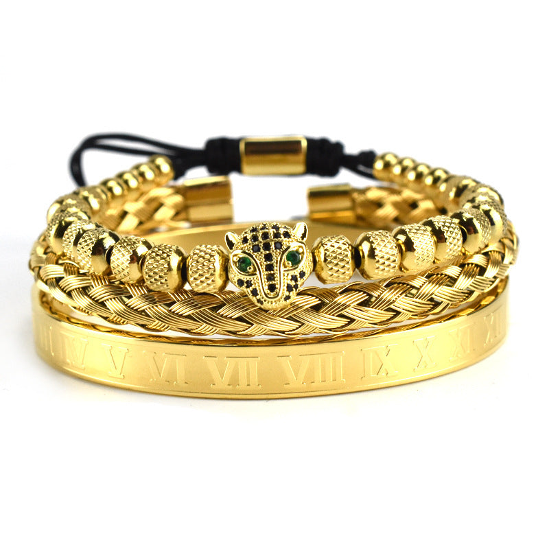 Europäisch und Amerikanisch Antik Leopard Kopf Mesh Woven Armband Edelstahl Römische Zahl Fried Dough Twist Armband