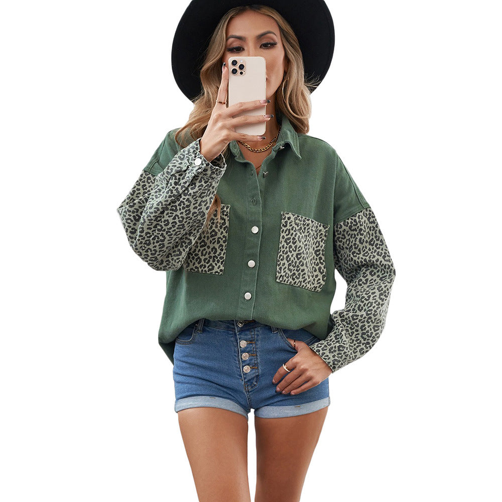Leopard Print Stitched Casual Top With Pockets