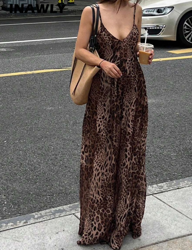 Damen Sommer Mode Leopard Print Spaghetti Strap Kleid