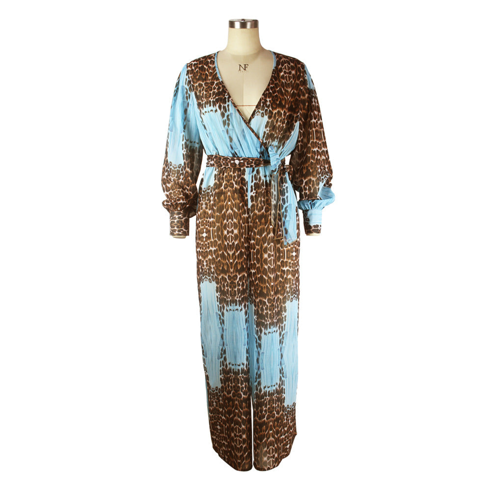 Sexy Leopard Belt Fashion Digital Printing Long V-neck Chiffon Jumpsuit