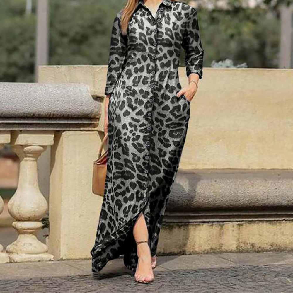 Popular Women's Long Sleeve Leopard Print Shirt Long Dress