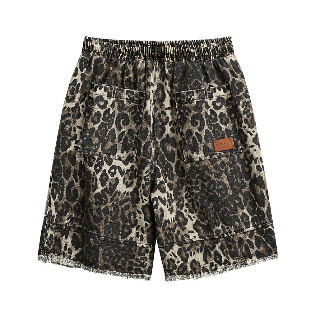 Ausgefranste Denim-Shorts mit Leopardenmuster für Männer Loose