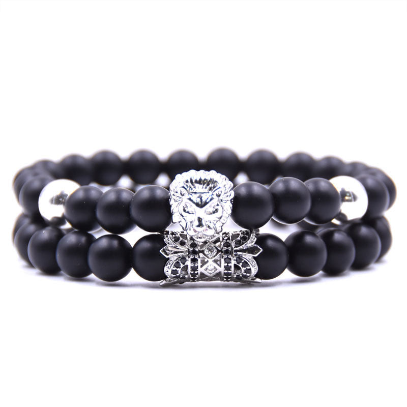 2 Stück Set von Beast King Lion Head Armband schwarz natürlichen matten Micro-inlaid Zirkon Paar Armband Set Herrenschmuck
