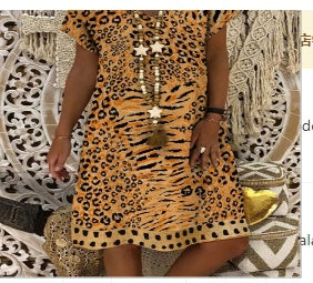 Leopard Print Mode Kurzarm V-Ausschnitt Kleid Frauen