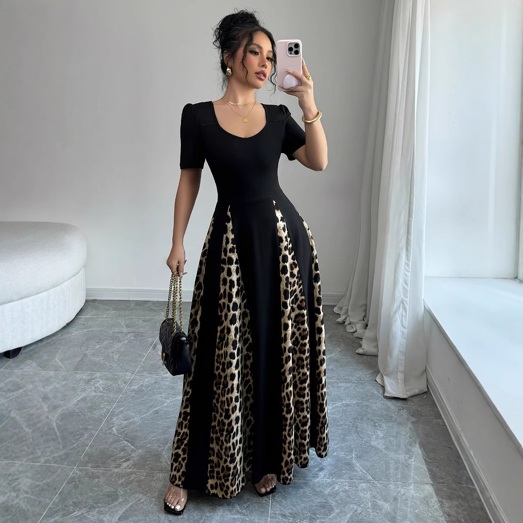 Women's Leopard-print Contrast-color Night Black Dress
