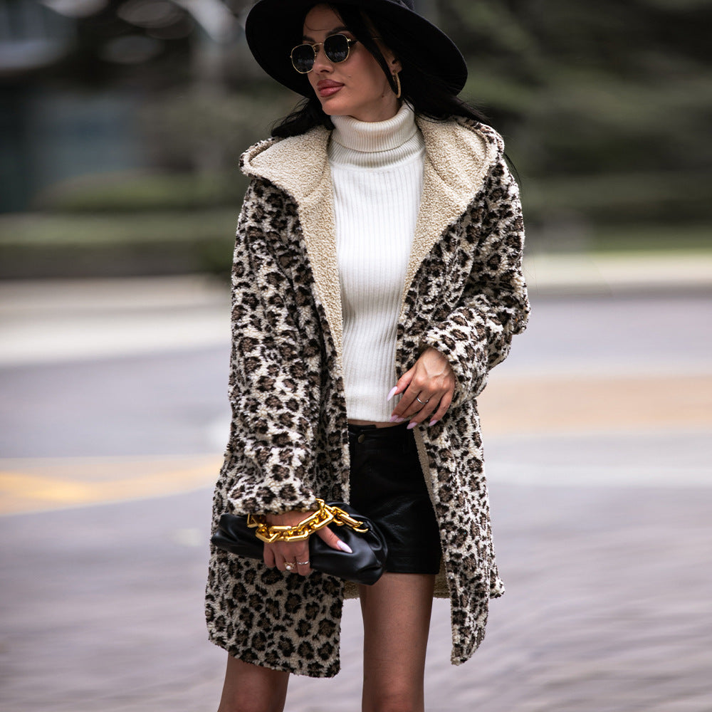 European And American Hooded Plush Top Leopard Fashion Brand Fleece Padded Coat