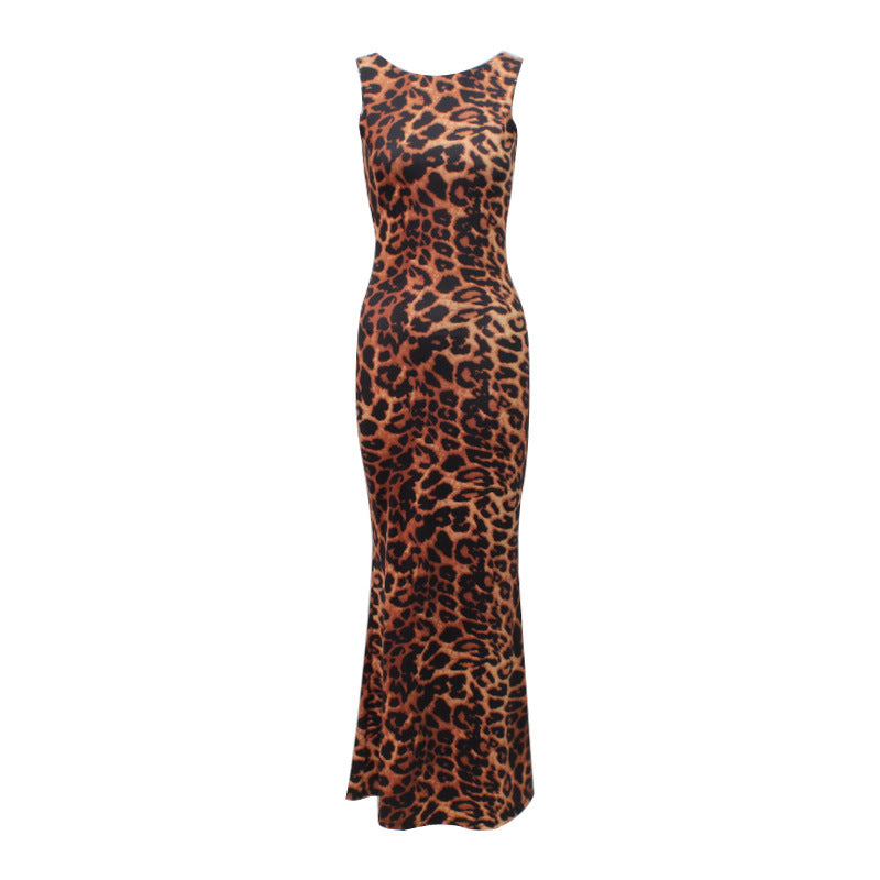 Stylish Fashion Leopard Print Backless Slim Fit Mid-length Dress for Her