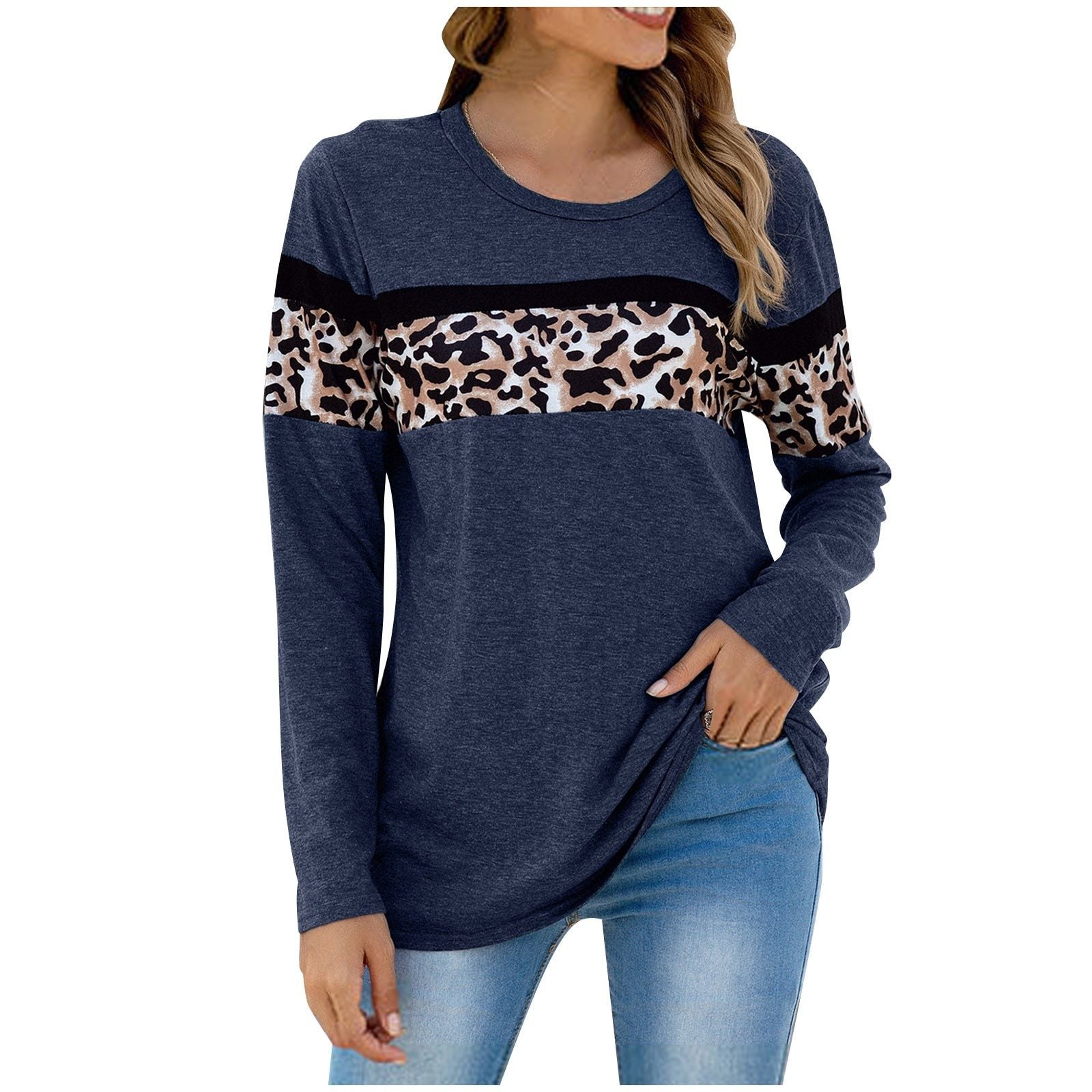 Langarm-T-Shirt mit Leopard Style und Nähten