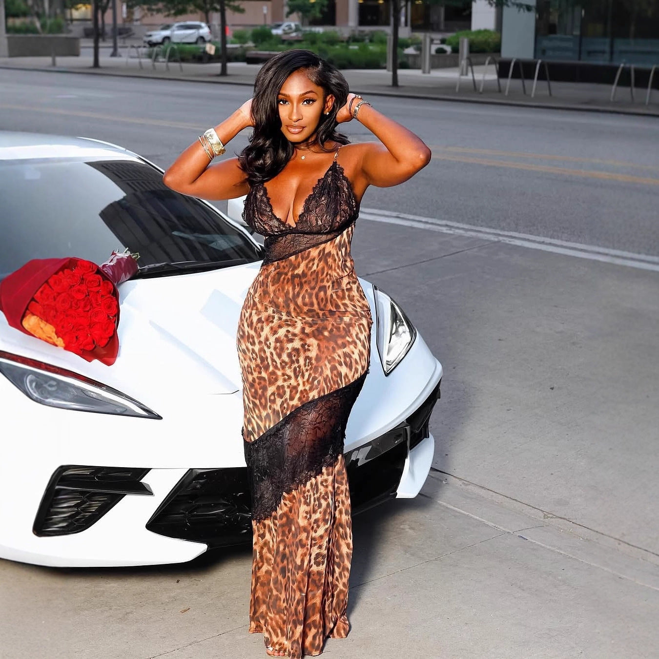 Sexy Leopard-Print Hollow-Out Strap Maxi Dress