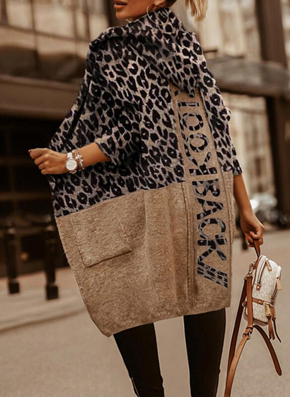 Women's Slouchy Style Loose Commuter Long Sleeve Leopard Woolen Coat