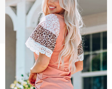 Rundhalsausschnitt Halbe Ärmel Lose Top Sommer Neue Mode T-Shirt mit Leopard style elements und Spitze