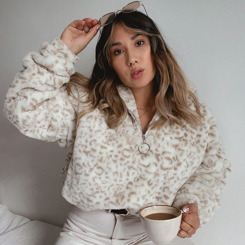 Leopard fur zipper long sleeve sweater