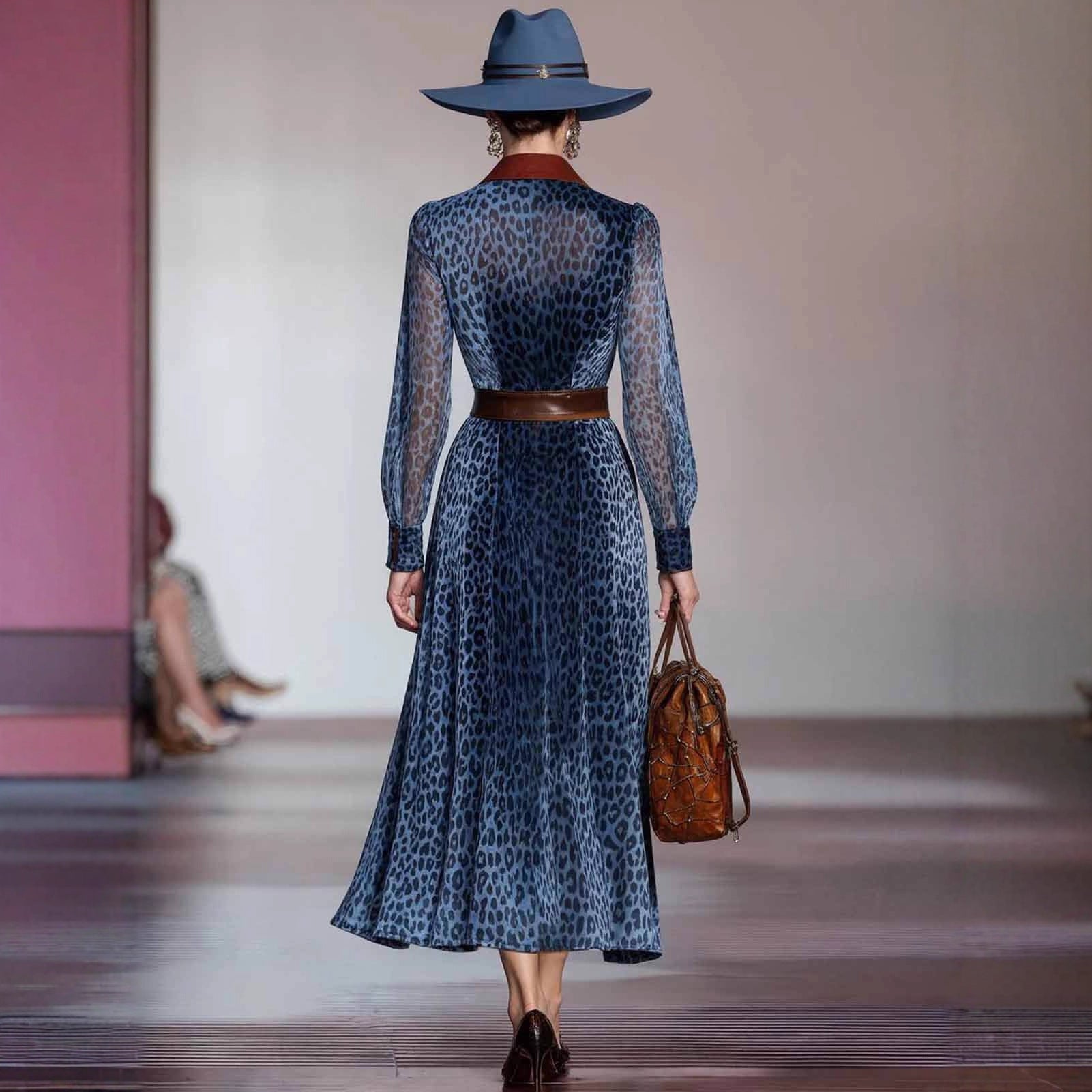 Long Sleeve Leopard Print Belt Dress