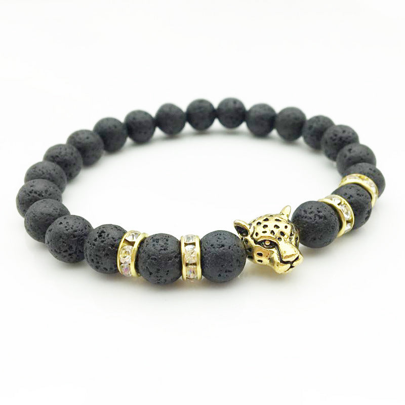 8mm Naturstein Lava Stein Perlen Armband für Männer Leopard Kopf Leopard Anhänger Charme Armband handgemachten Schmuck