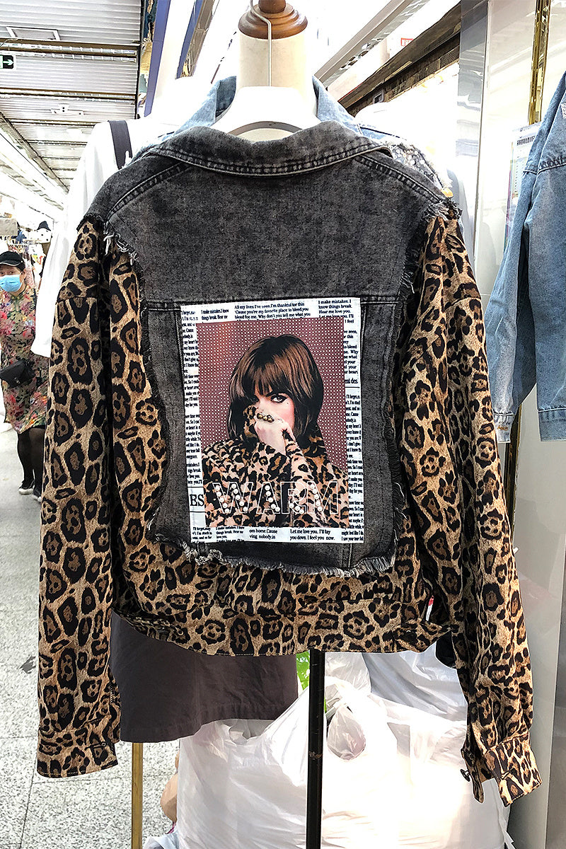 Ladies leopard stitching denim jacket