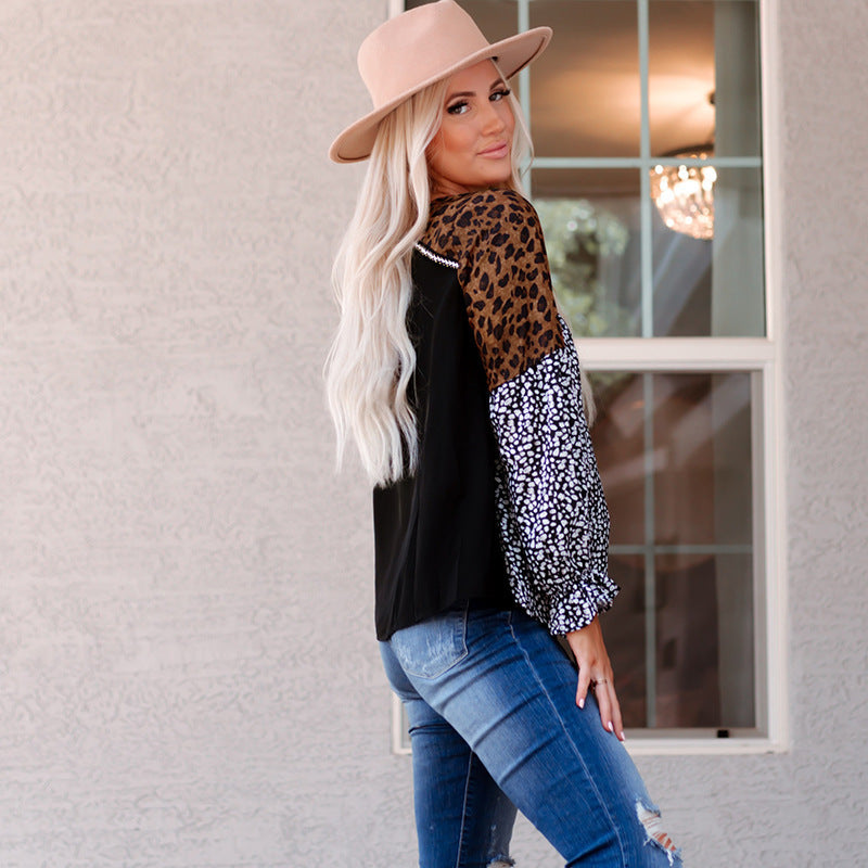 Long Sleeve Pullover Autumn Leopard Print Collar Fashion Ribbon Women's Chiffon Shirt