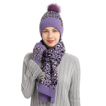Winter Leopardenmuster Warm gestrickt Wolle Mütze Schal Handschuhe Drei Stück Set