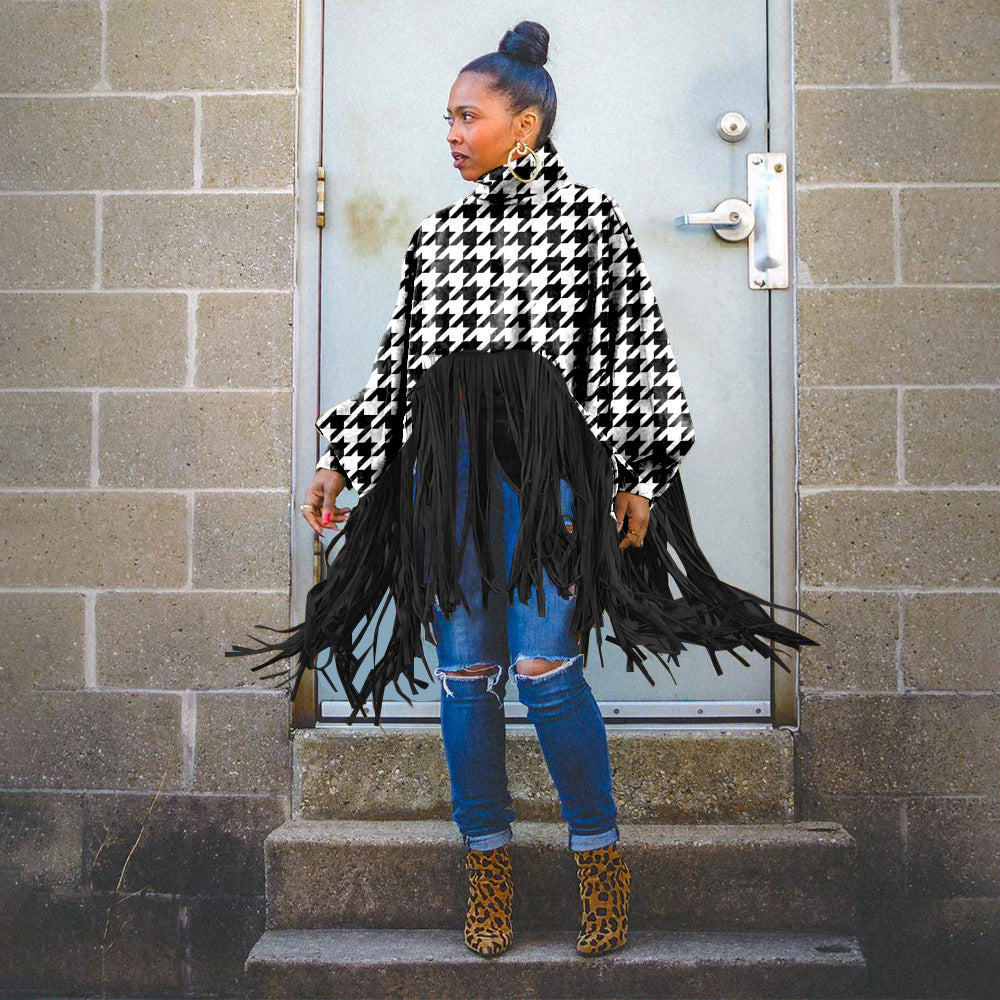 European And American Fashion Leopard Print Long Sleeve Tassel Top Urban Style