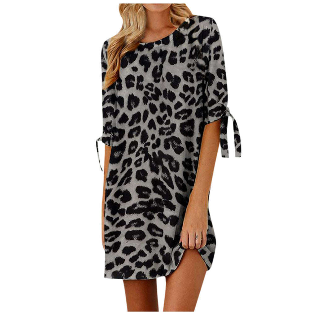Damenbekleidung Leopard Print Rundhalsausschnitt Kleid