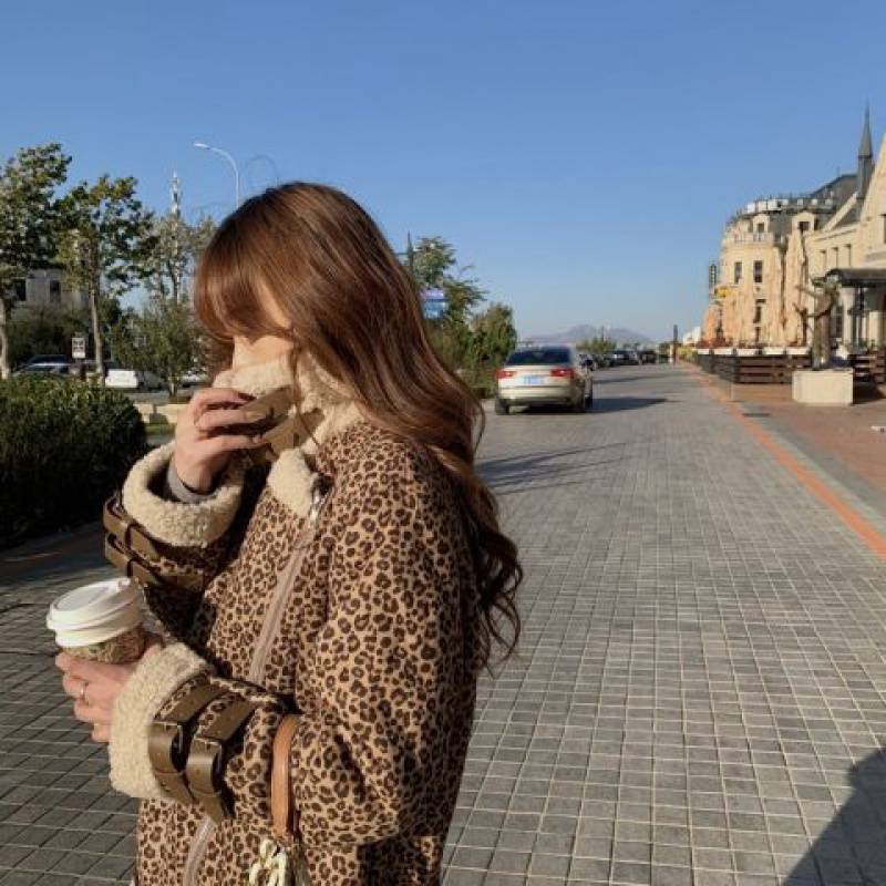 Leopard Print Coat Stitching Lamb Hair Lapel Thickened Long Sleeves