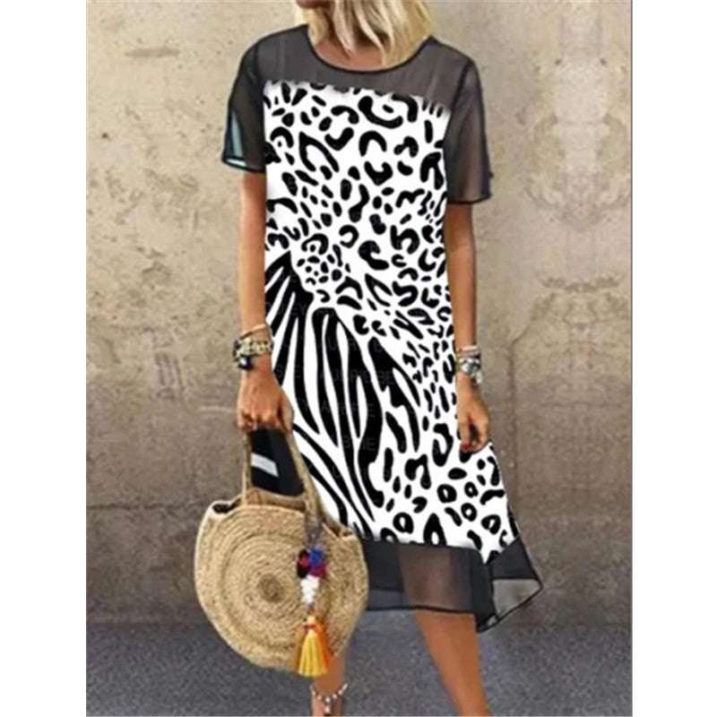 Damenmode Leopard Mesh Stitching Lose Plus Größe Kleid