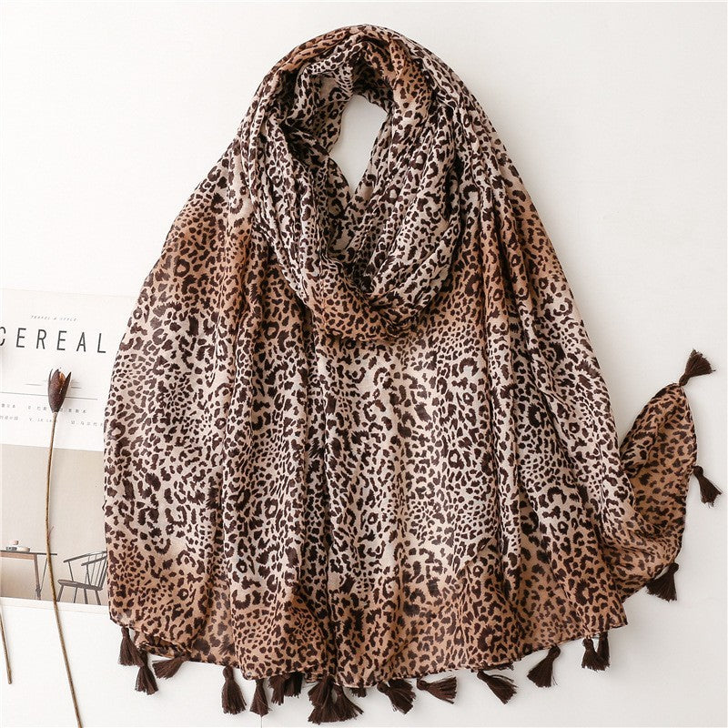 Mode große Leopard-Druck Persönlichkeit Voile Seidenschal Kaffee Farbe Farbverlauf handgefertigte Quaste Sun-proof