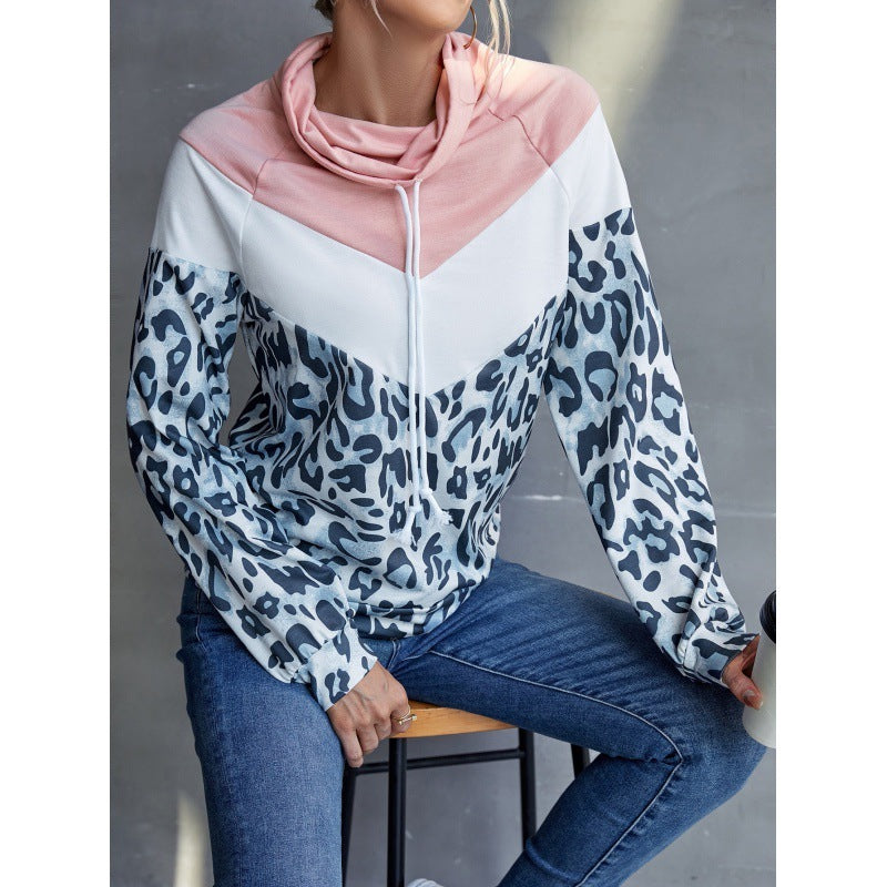 Leopard Print Contrast Stitching Pullover Hoodie