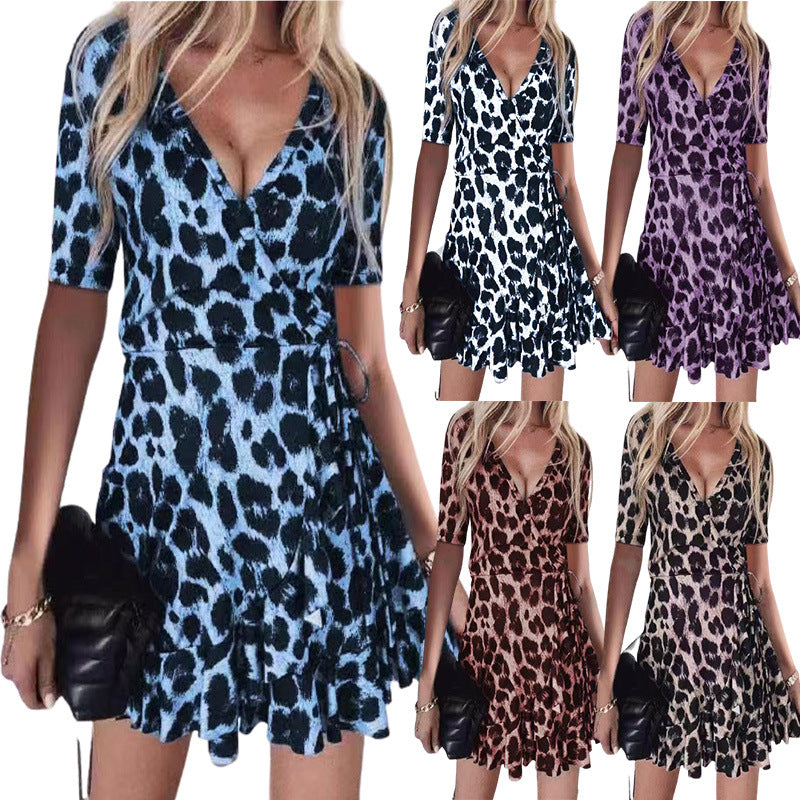V-neck Leopard Print Sexy Nightclub Ruffle Skirt Dress Women