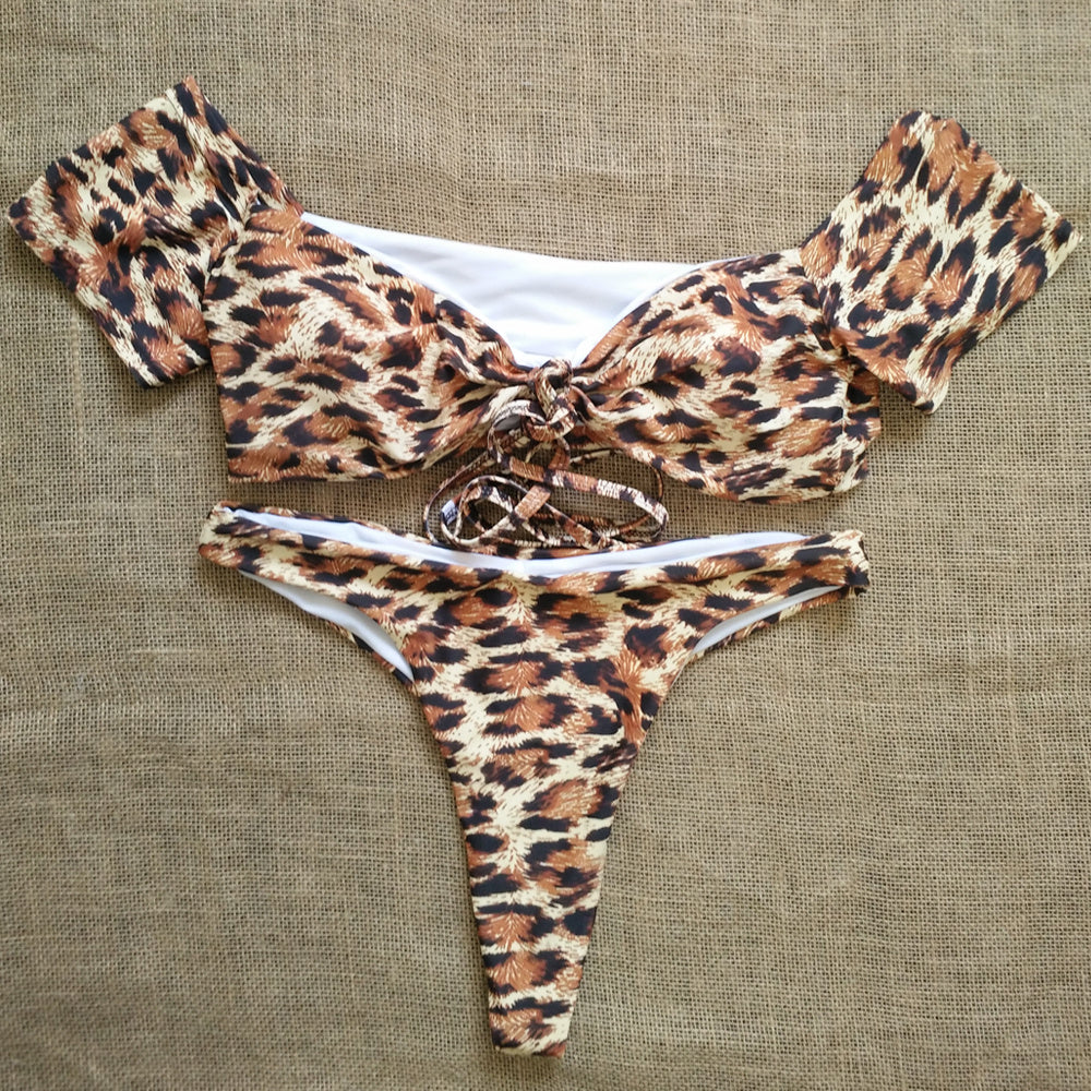 Leopard print strap tube set bikini swimsuit