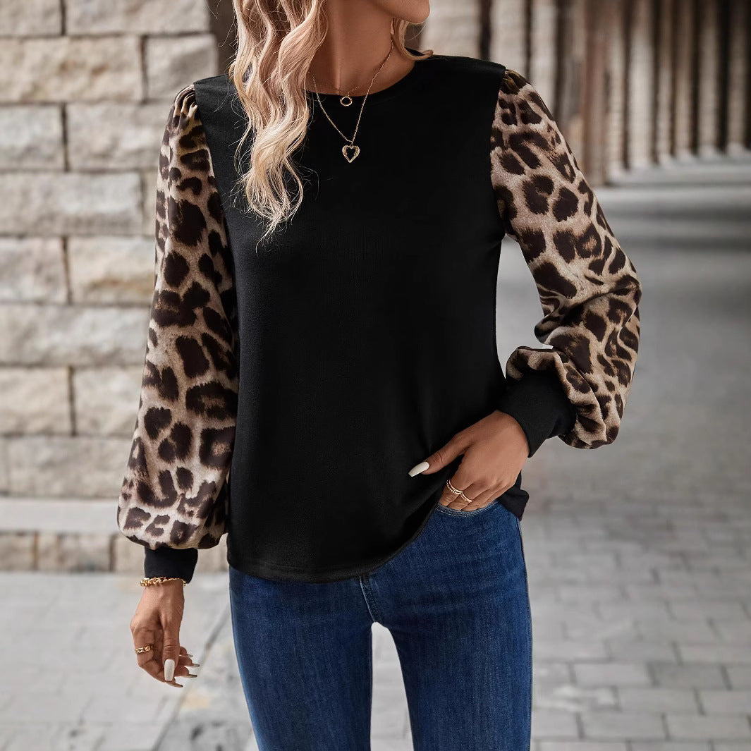 European And American Leopard Print Long Sleeve Round Neck Stitching
