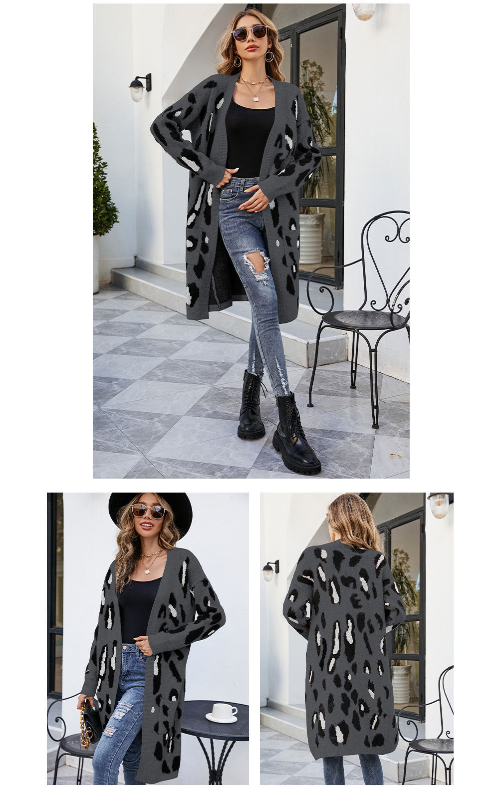 V-neck Leopard Print Knitted Cardigan Sweater Long Coat