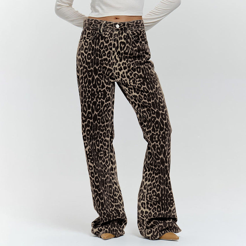 Summer Retro Street Style Loose Low Waist Leopard Print Trousers Versatile Cotton Wide Leg Pants Casual Pants