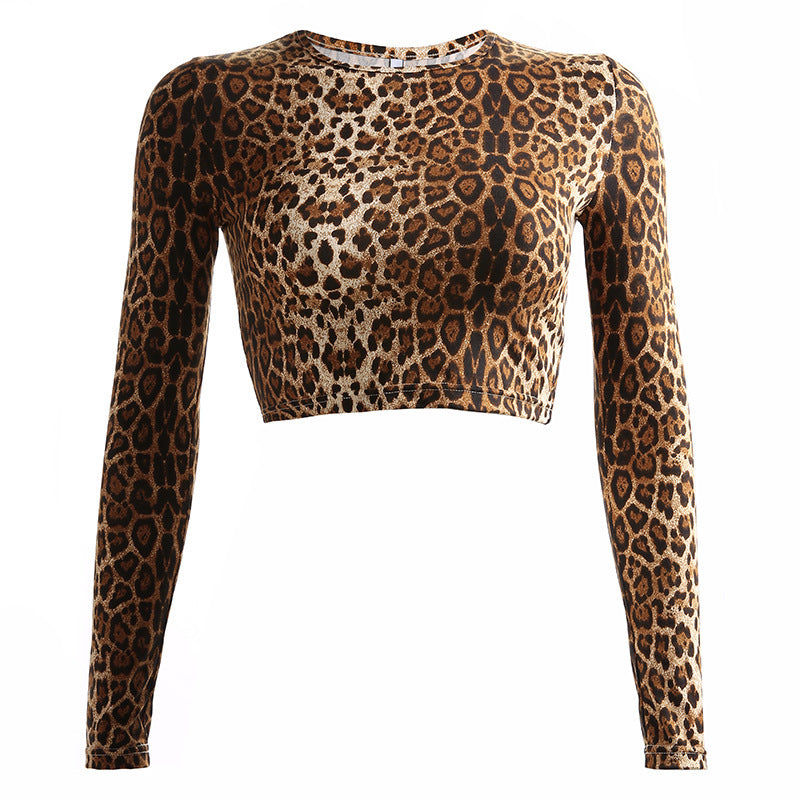 Autumn and winter new leopard print T-shirt female sense tight short paragraph navel long-sleeved bottoming shirt