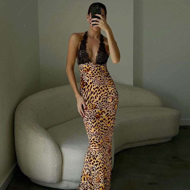 Leopardenmuster-Kleid mit gestrickter Spitze und Trägern