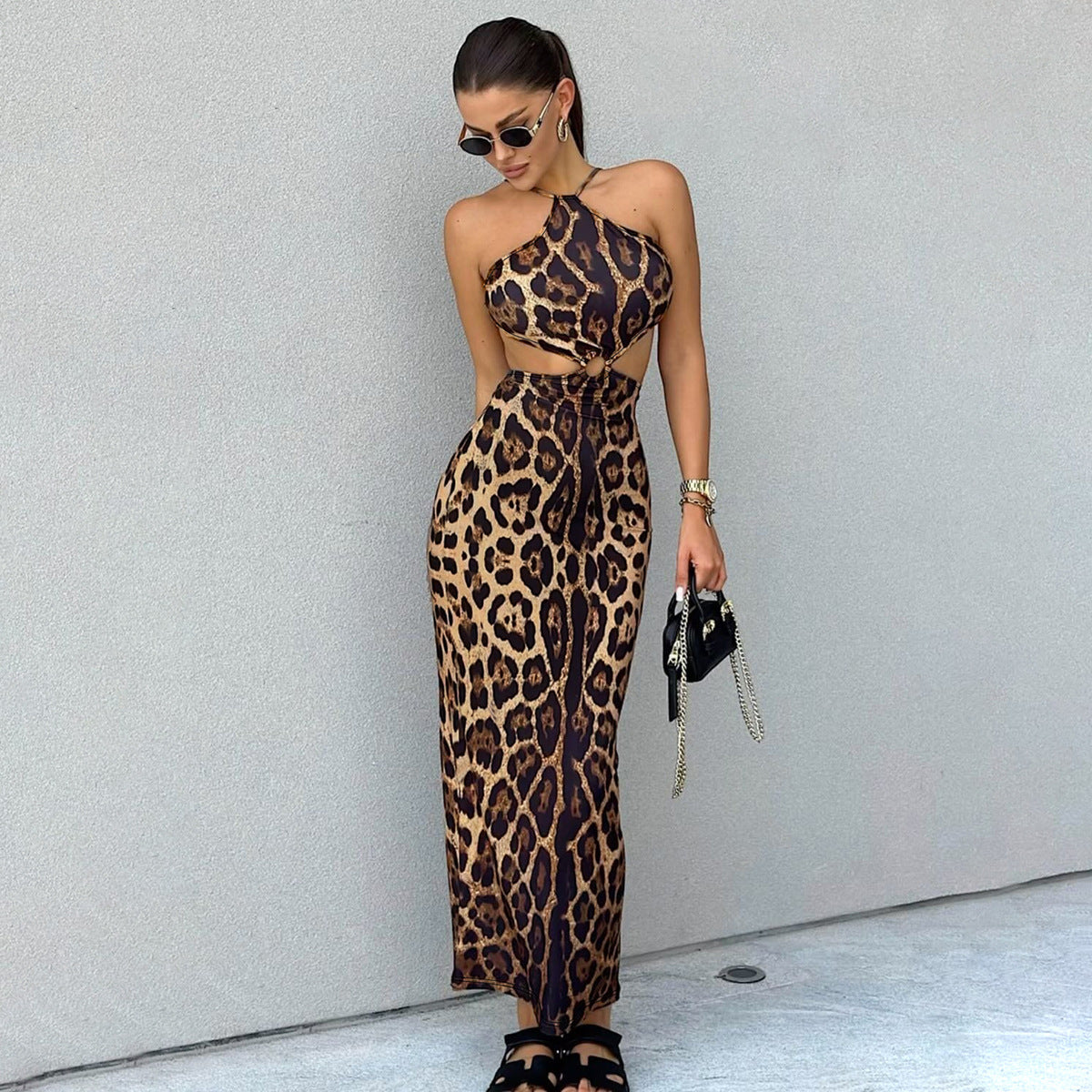 Damen Sommer Sexy Leopard Print Halter Rückenfreies Hüftkleid
