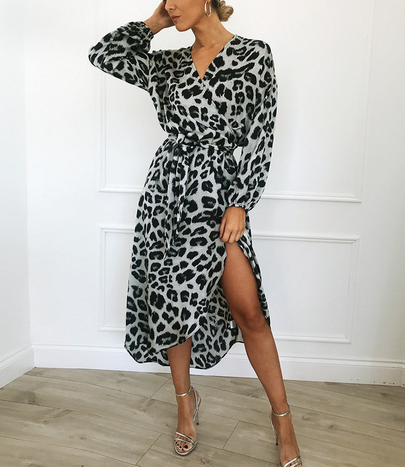 Leopardenmuster Kleid mit V-Ausschnitt und hoher Taille aus Spitze
