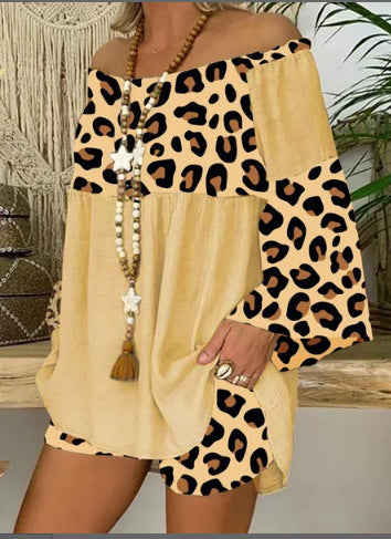 Damenmode Leopard Print Patchwork Lose Baumwolle Leinen Anzug