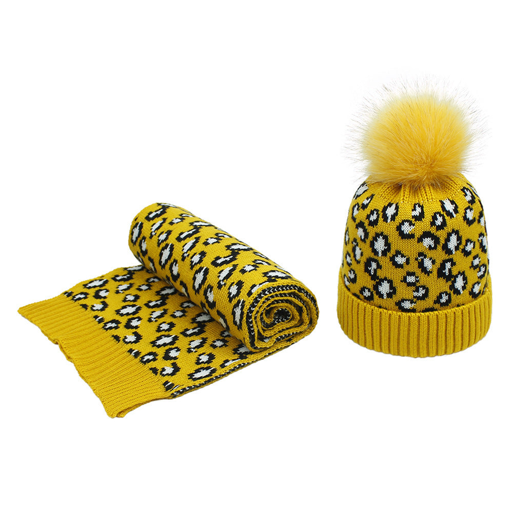 Frauen Herbst und Winter Leopard Print Haar Ball Hut Schal Set