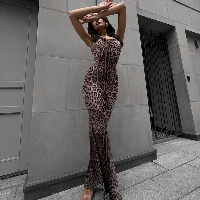 Sexy Leopardendruck Rückenfreies Sling Kleid Frauen