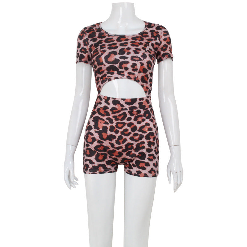 Sexy Leopard-Print Short-Sleeve Jumpsuit