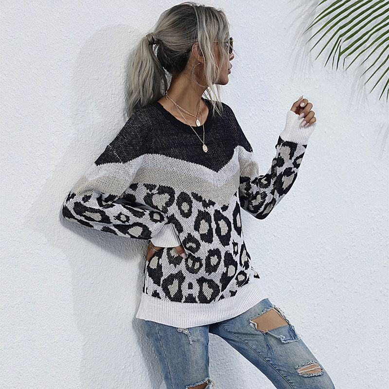 Leopard Print Stitching Loose Round Neck Knitted Sweater Women'S Pullover
