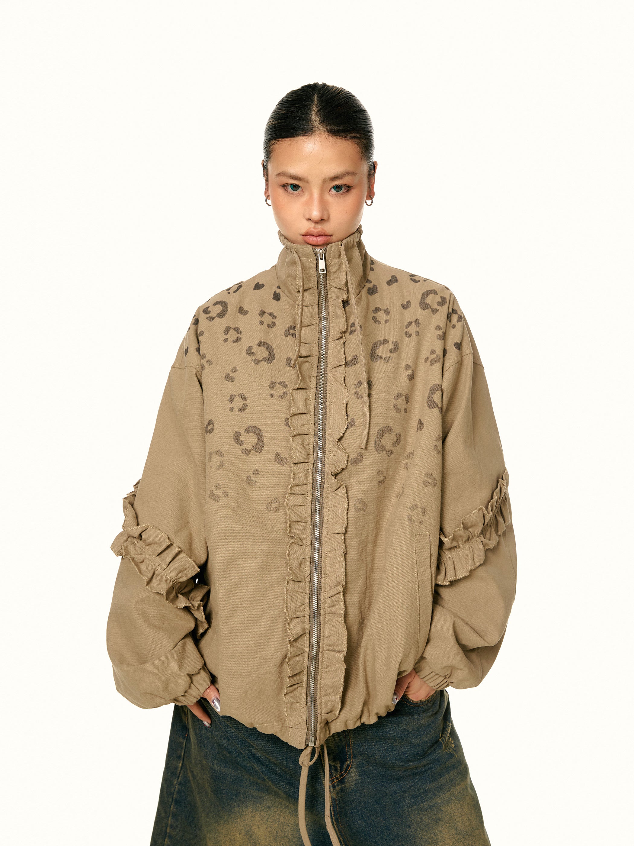 American Retro Stringy Selvedge Stand Collar Leopard Print Coat