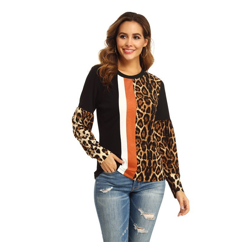 Autumn And Winter Leopard Print Color Contrast Long-sleeved Women's Top