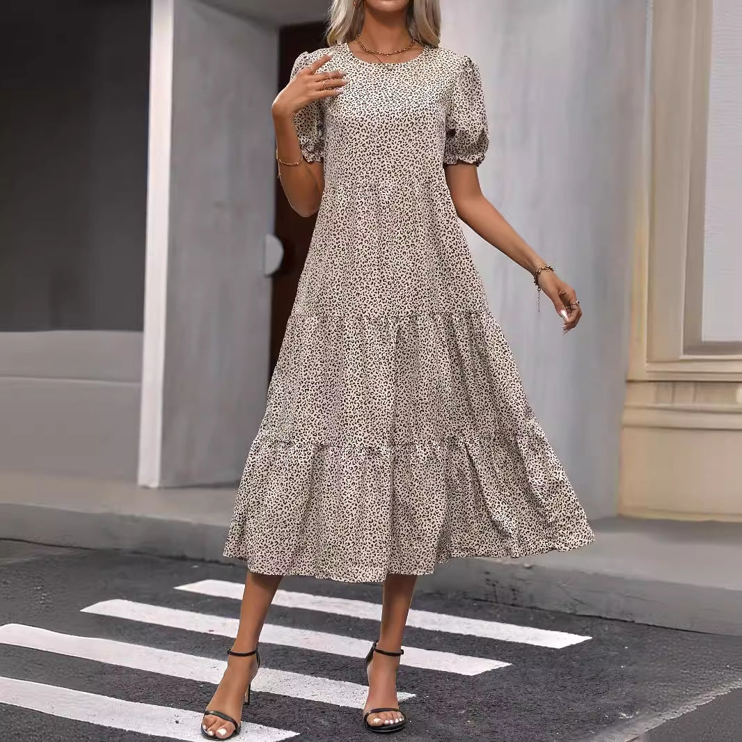 Casual Bohemian Dress Leopard Print Floral Print Pleated Puff Sleeve Jumpsuit