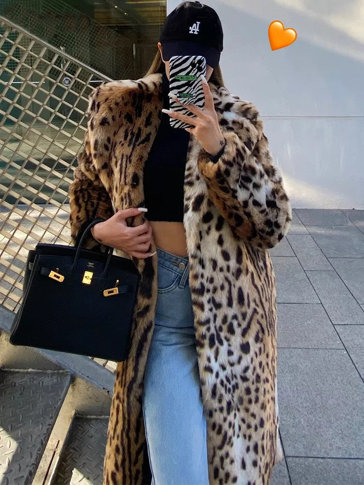 Damenmode Leopardenmuster Anzugkragen Pelzmantel